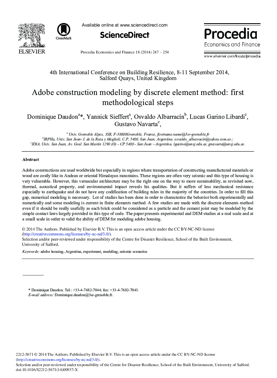 Adobe Construction Modeling by Discrete Element Method: First Methodological Steps 