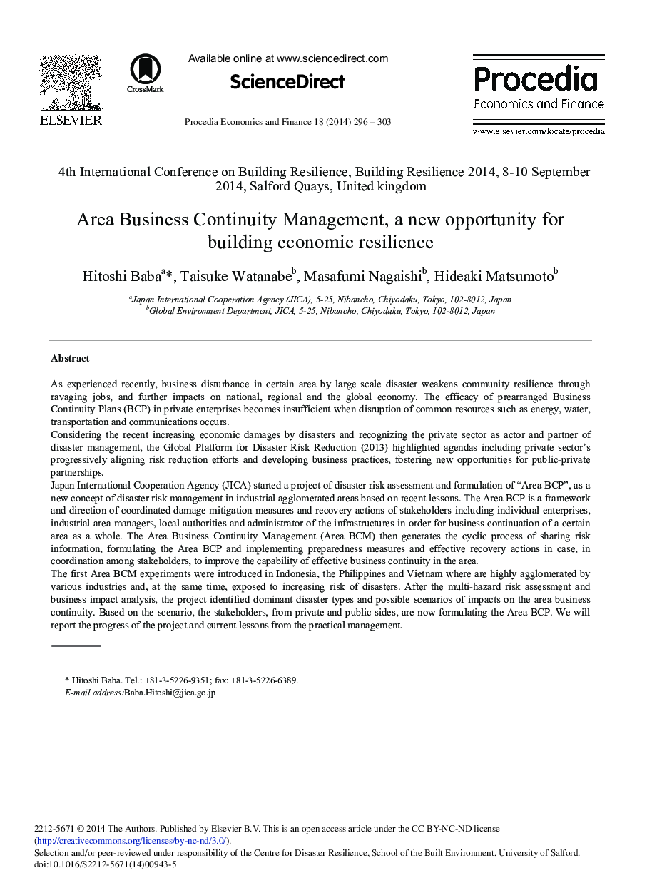 Area Business Continuity Management, a New Opportunity for Building Economic Resilience 