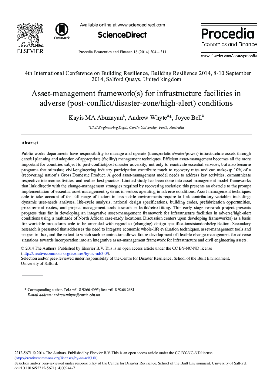 Asset-management framework(s) for infrastructure facilities in adverse (post-conflict/disaster-zone/high-alert) conditions 