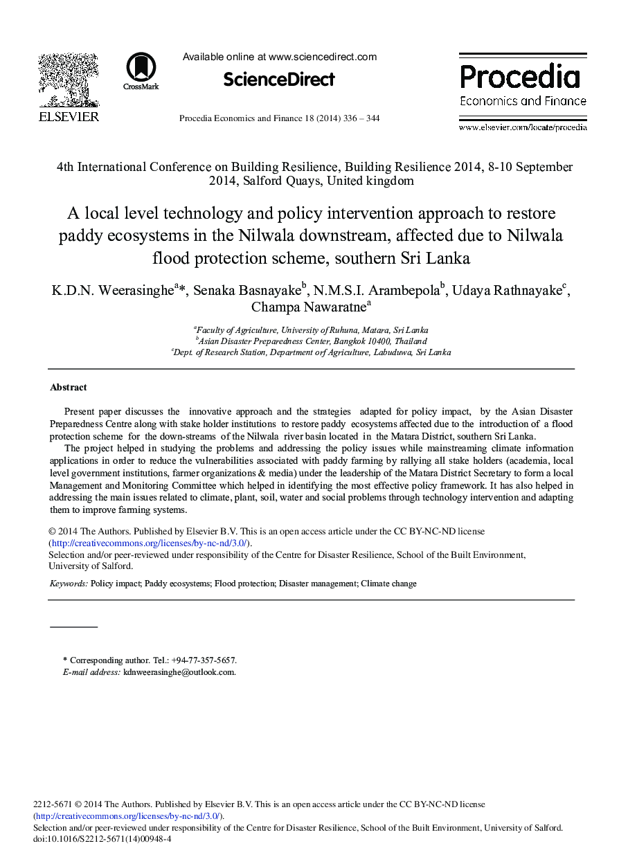 A Local Level Technology and Policy Intervention Approach to Restore Paddy Ecosystems in the Nilwala Downstream, Affected due to Nilwala Flood Protection Scheme, Southern Sri Lanka 
