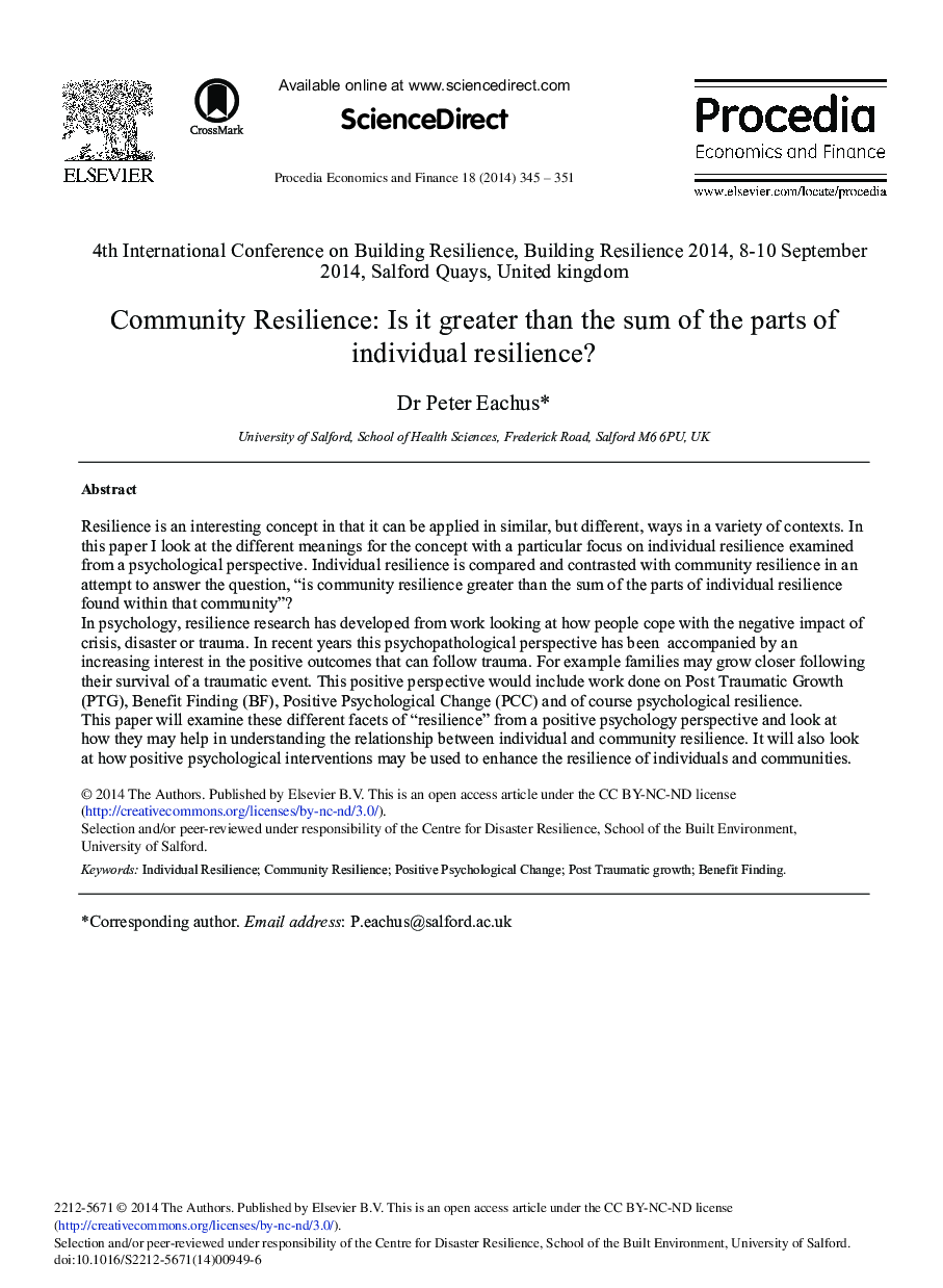 Community Resilience: Is it Greater than the Sum of the Parts of Individual Resilience? 