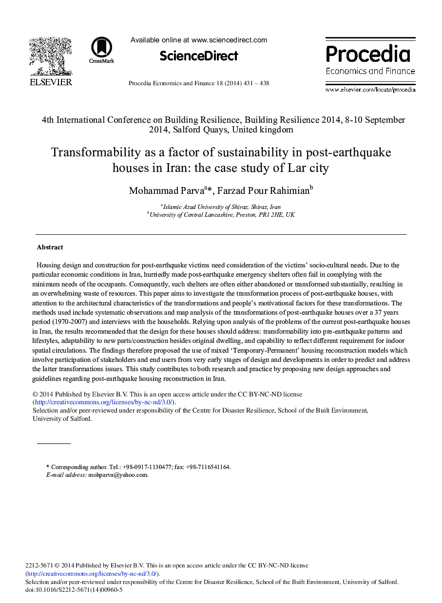 Transformability as a Factor of Sustainability in Post-earthquake Houses in Iran: The Case Study of Lar City 