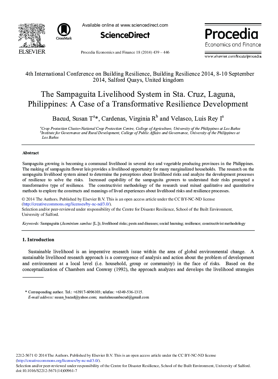 The Sampaguita Livelihood System in Sta. Cruz, Laguna, Philippines: A Case of a Transformative Resilience Development 