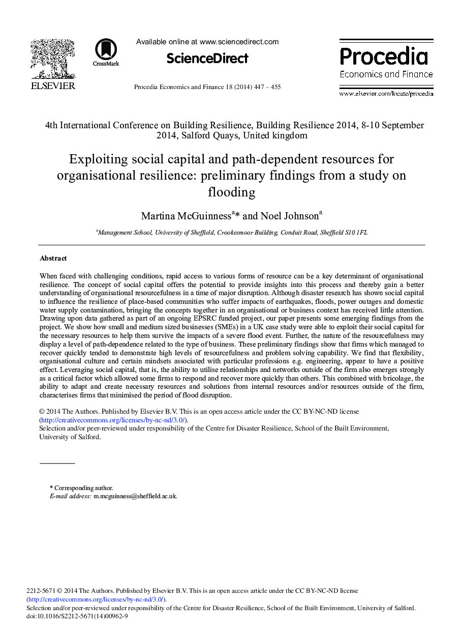 Exploiting Social Capital and Path-dependent Resources for Organisational Resilience: Preliminary Findings from a Study on Flooding 