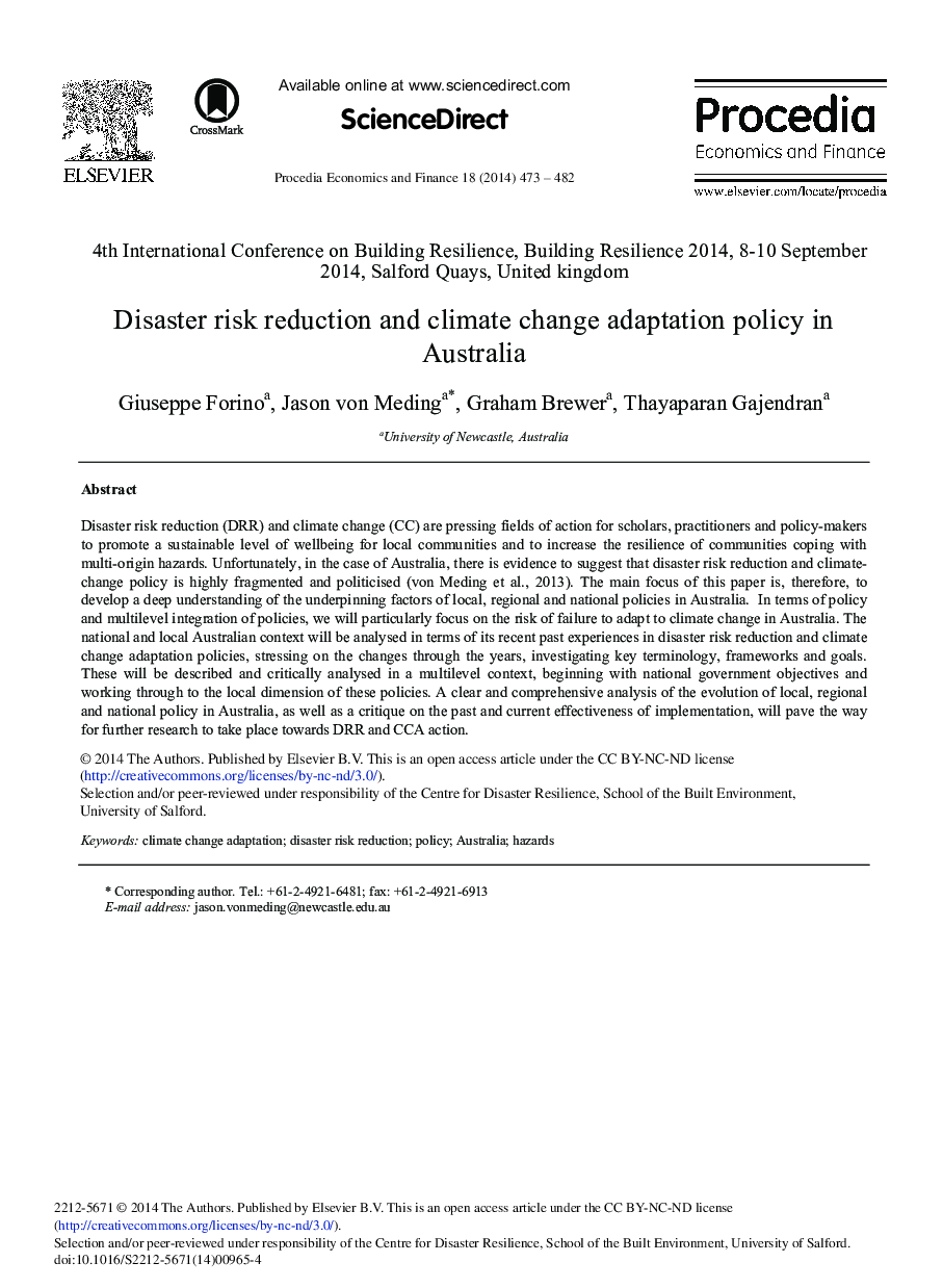 Disaster Risk Reduction and Climate Change Adaptation Policy in Australia 