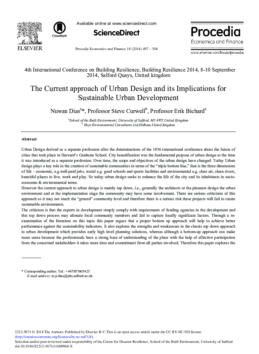 The Current Approach of Urban Design, its Implications for Sustainable Urban Development 