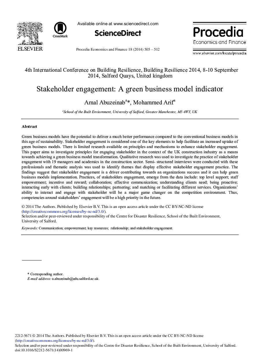 Stakeholder Engagement: A Green Business Model Indicator 