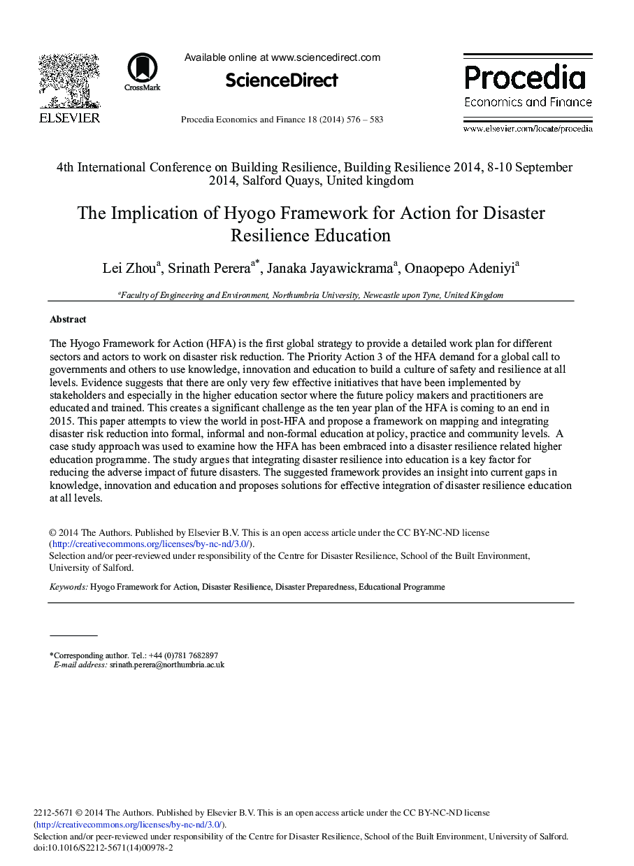 عکس صفحه اول مقاله: The Implication of Hyogo Framework for Action for Disaster Resilience Education The Implication of Hyogo Framework for Action for Disaster Resilience Education