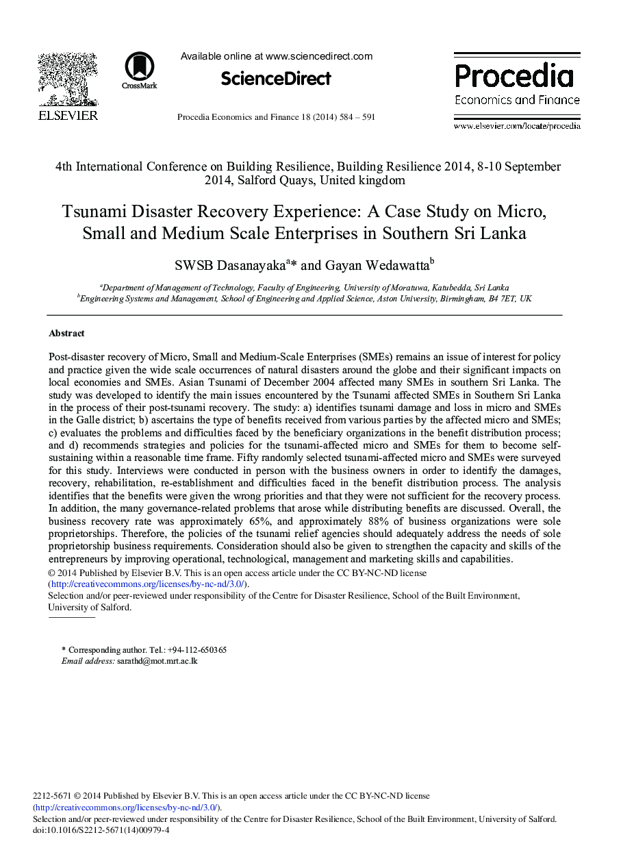 Tsunami Disaster Recovery Experience: A Case Study on Micro, Small and Medium Scale Enterprises in Southern Sri Lanka 