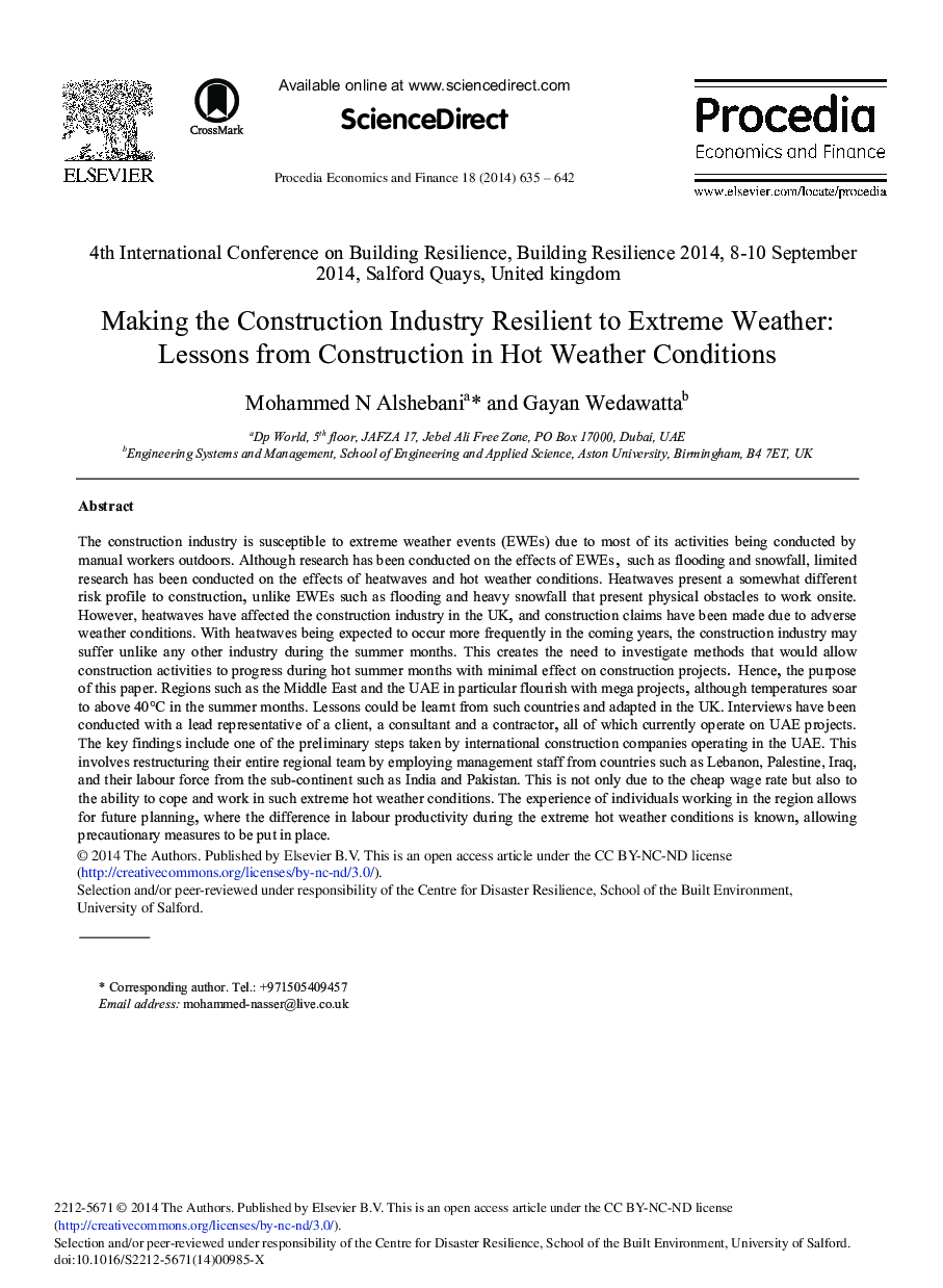 Making the Construction Industry Resilient to Extreme Weather: Lessons from Construction in Hot Weather Conditions 
