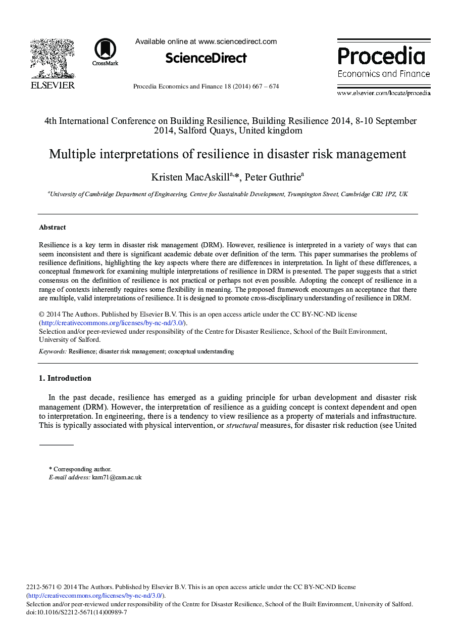 Multiple Interpretations of Resilience in Disaster Risk Management 