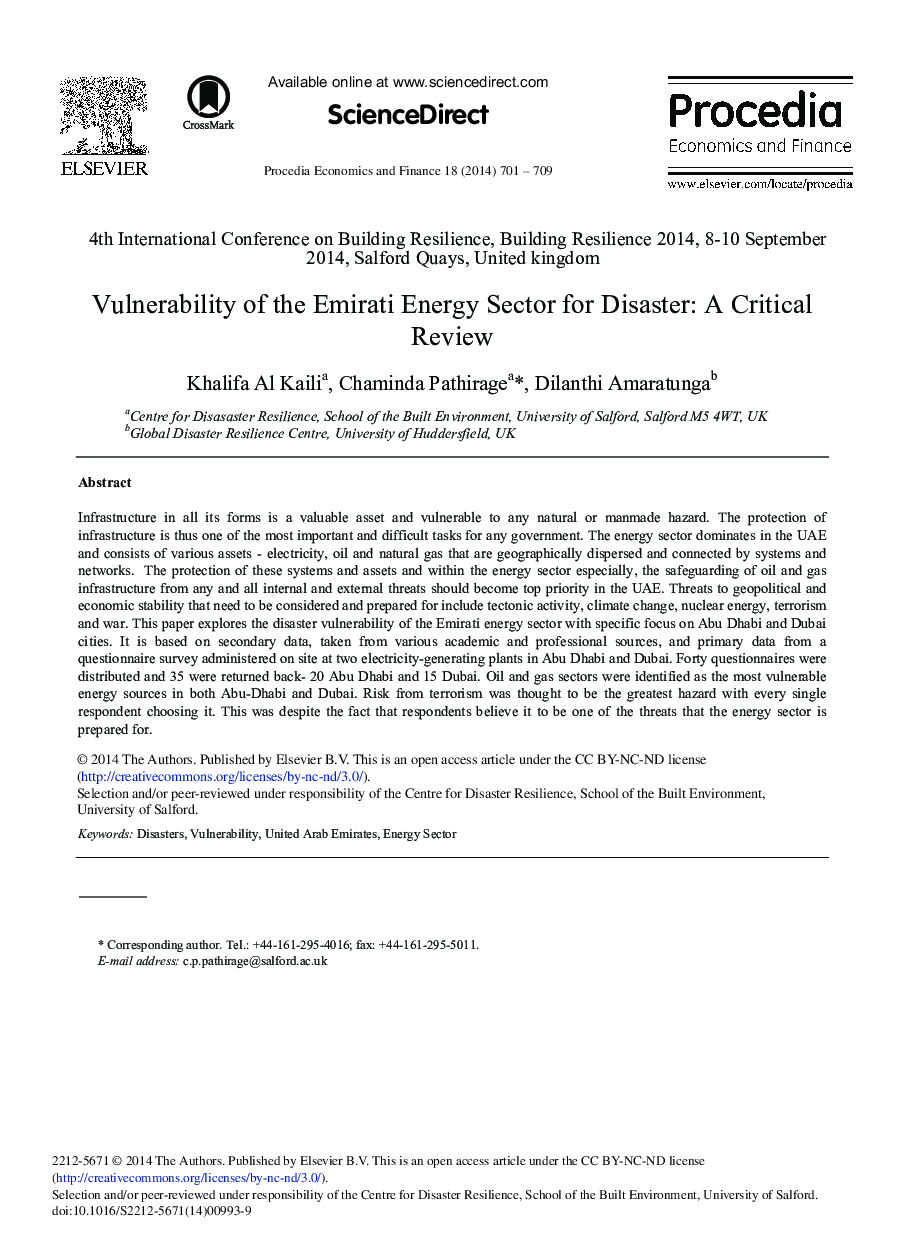 Vulnerability of the Emirati Energy Sector for Disaster: A Critical Review 