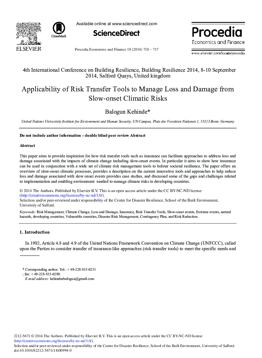 Applicability of Risk Transfer Tools to Manage Loss and Damage from Slow-onset Climatic Risks 