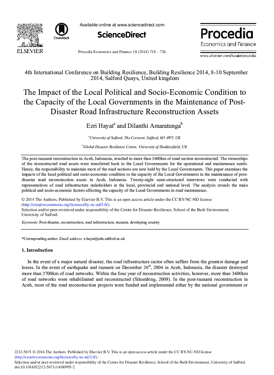 عکس صفحه اول مقاله: The Impact of the Local Political and Socio-Economic Condition to the Capacity of the Local Governments in the Maintenance of Post-Disaster Road Infrastructure Reconstruction Assets The Impact of the Local Political and Socio-Economic Condition to the Capacity of the Local Governments in the Maintenance of Post-Disaster Road Infrastructure Reconstruction Assets