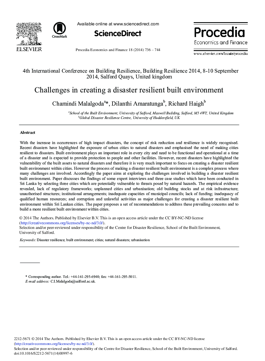 Challenges in Creating a Disaster Resilient Built Environment 