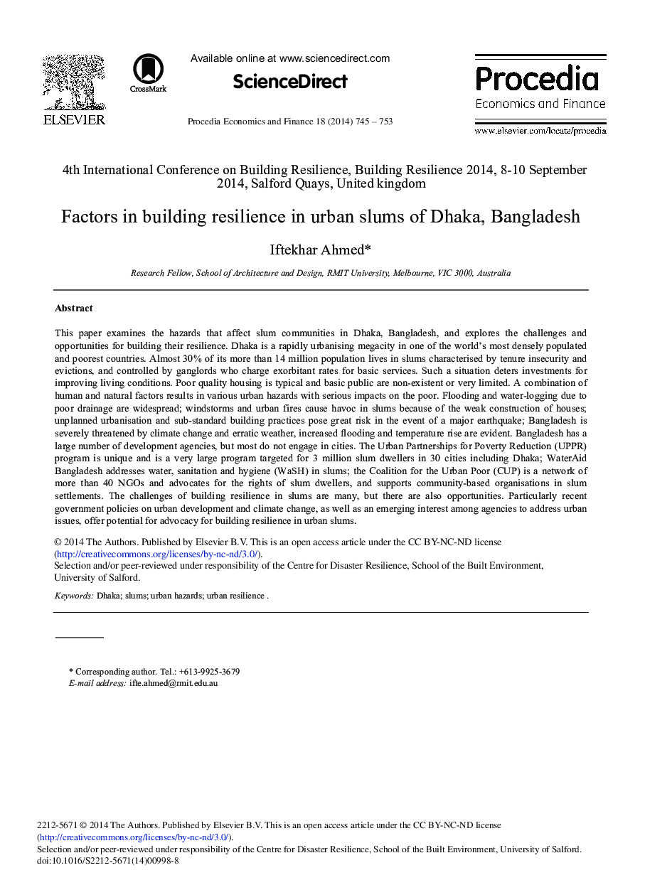 Factors in building resilience in urban slums of Dhaka, Bangladesh 