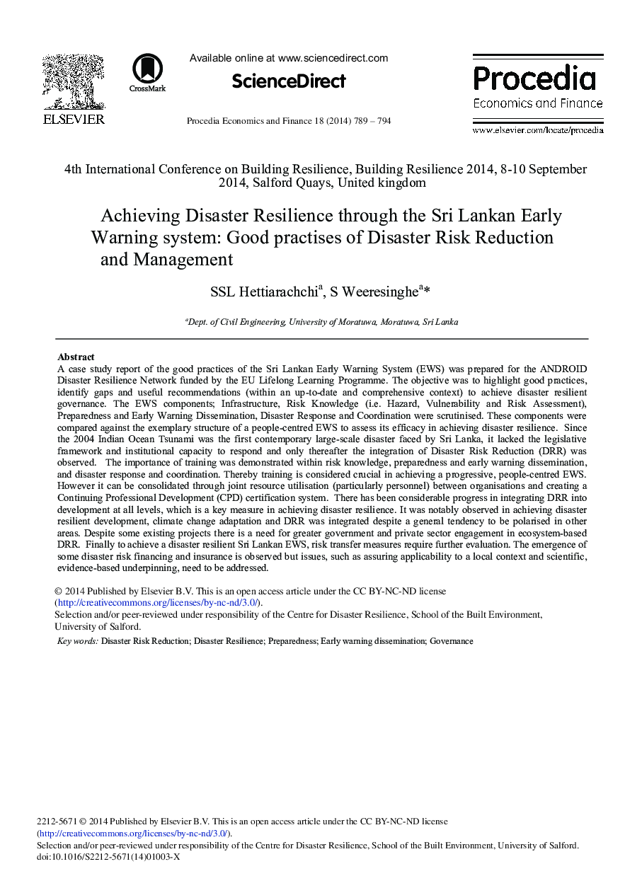 Achieving Disaster Resilience through the Sri Lankan Early Warning System: Good practises of Disaster Risk Reduction and Management 