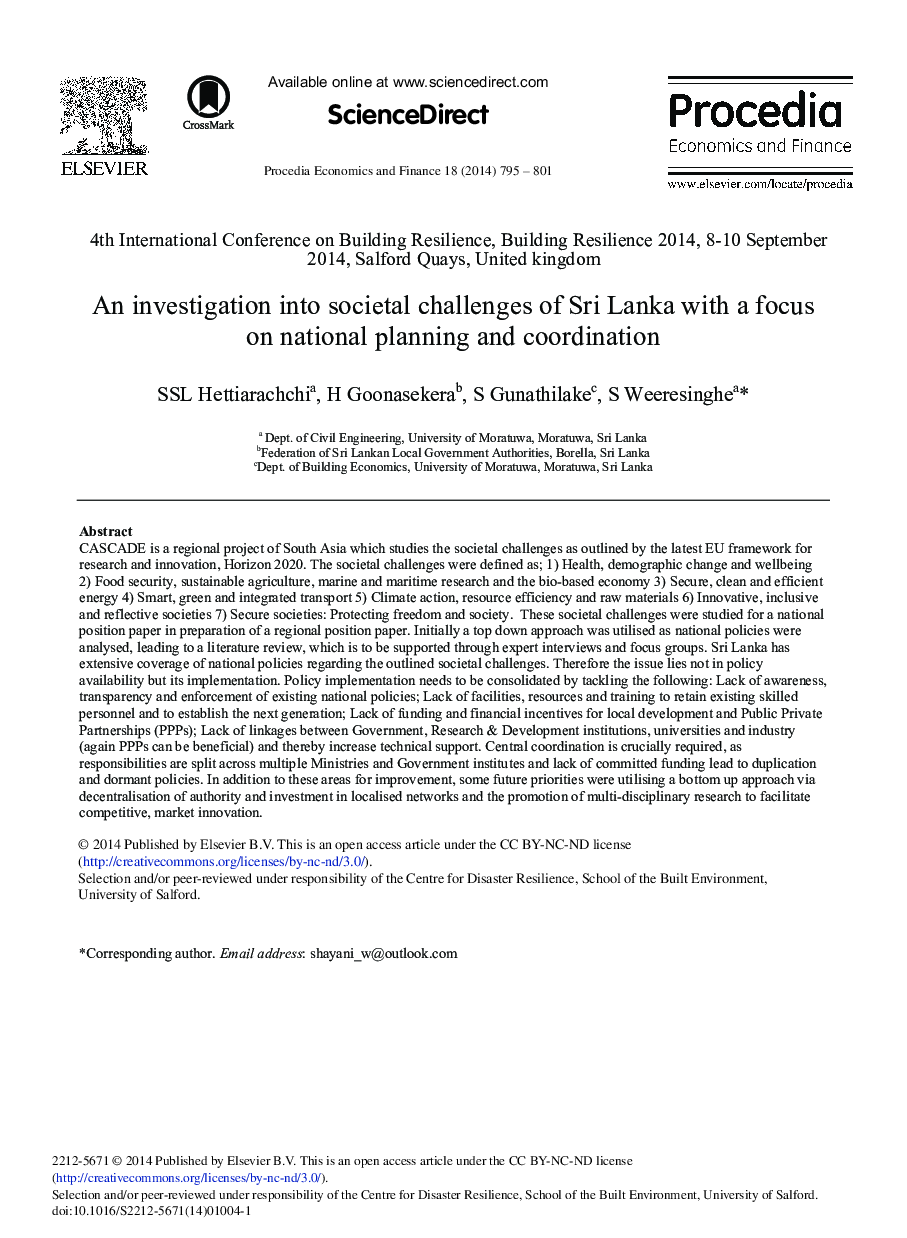 An Investigation into Societal Challenges of Sri Lanka with a Focus on National Planning and Coordination 