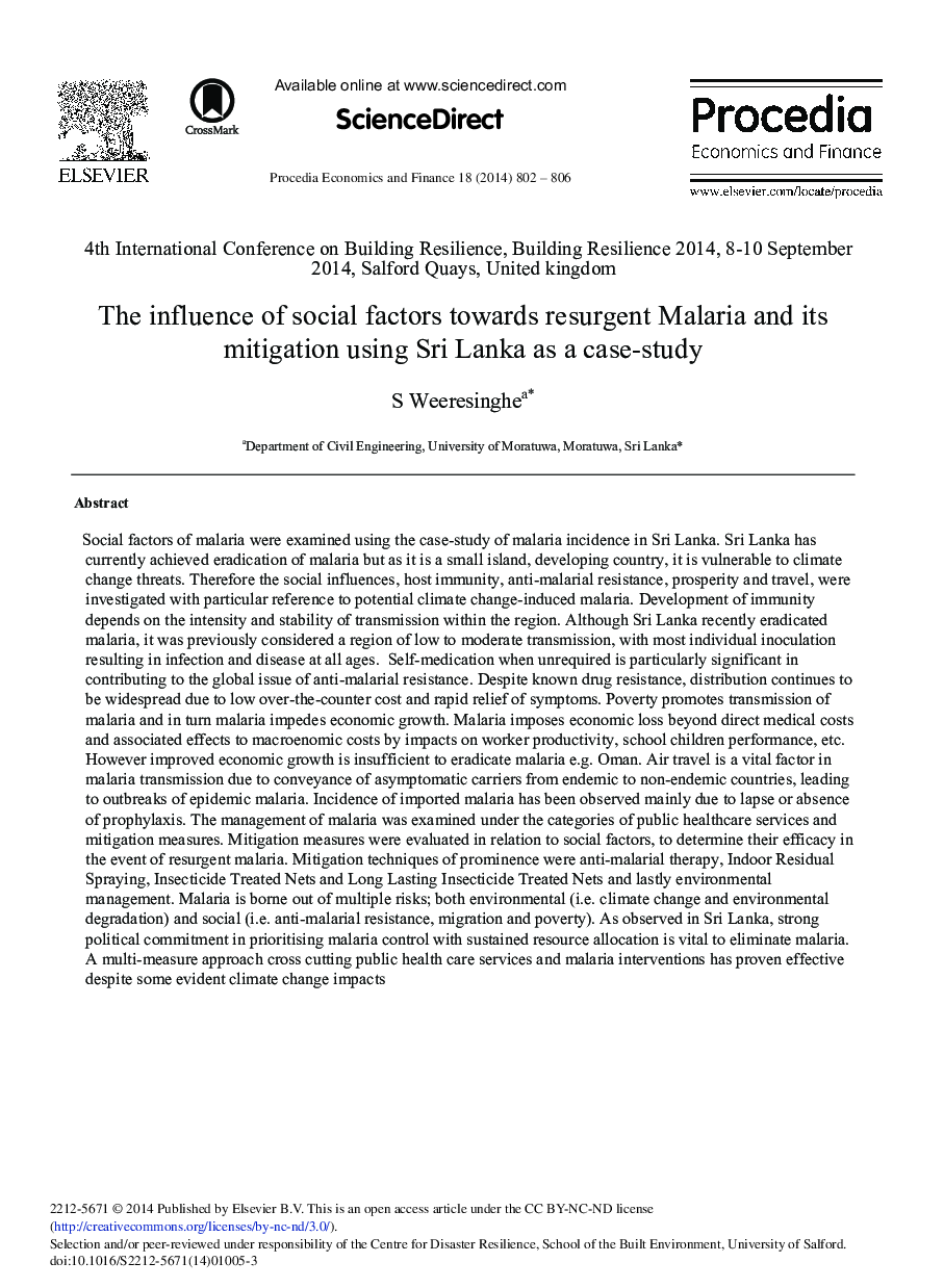 The Influence of Social Factors towards Resurgent Malaria and its Mitigation Using Sri Lanka as a Case-study 