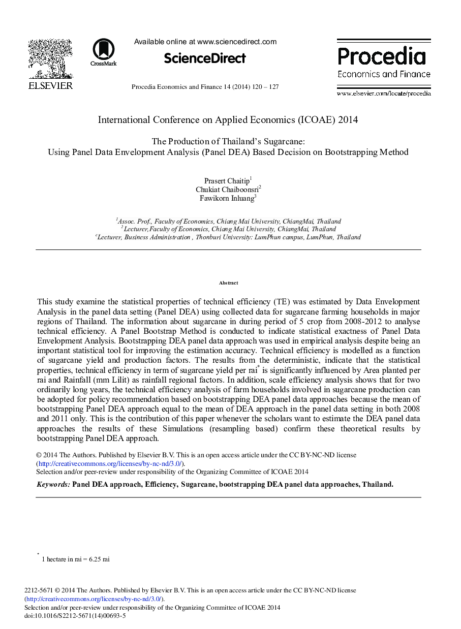 The Production of Thailand's Sugarcane: Using Panel Data Envelopment Analysis (Panel DEA) Based Decision on Bootstrapping Method 