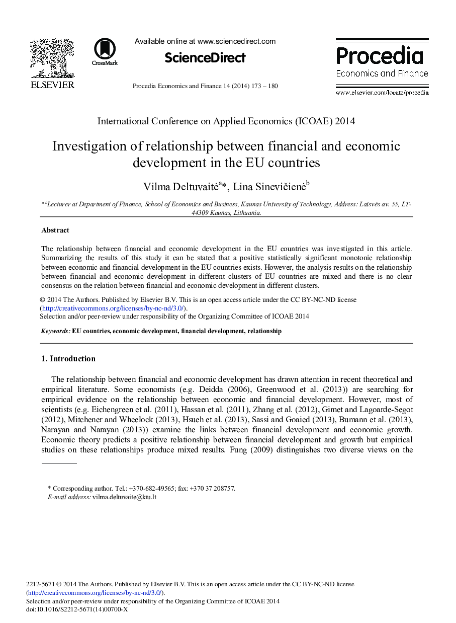 Investigation of Relationship between Financial and Economic Development in the EU Countries 