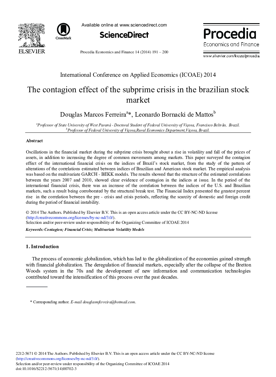 The Contagion Effect of the Subprime Crisis in the Brazilian Stock Market 