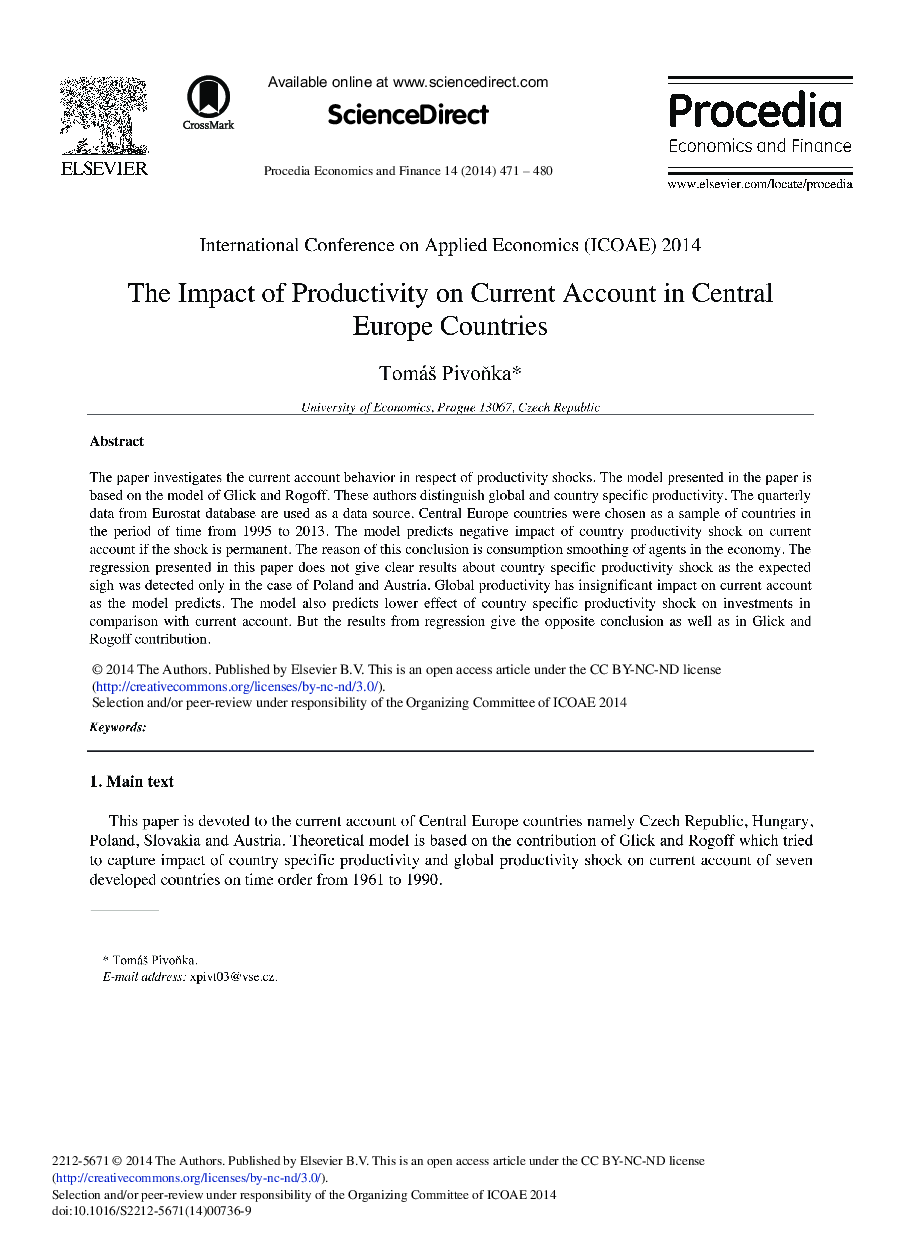 The Impact of Productivity on Current Account in Central Europe Countries 
