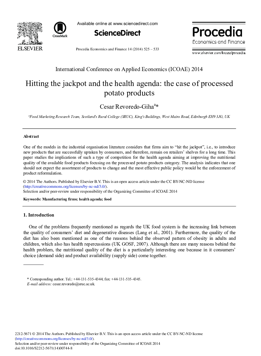 Hitting the Jackpot and the Health Agenda: The Case of Processed Potato Products 