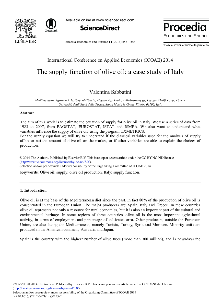 The Supply Function of Olive Oil: A Case Study of Italy 