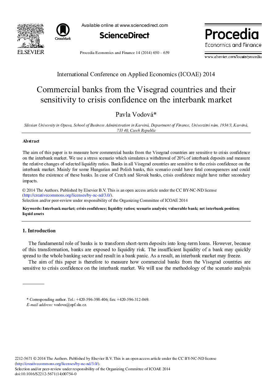 Commercial Banks from the Visegrad Countries and their Sensitivity to Crisis Confidence on the Interbank Market 