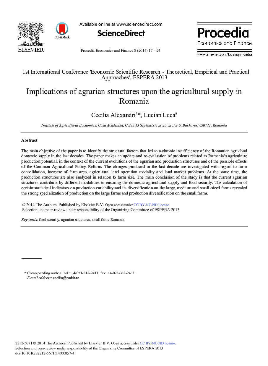 Implications of Agrarian Structures upon the Agricultural Supply in Romania 