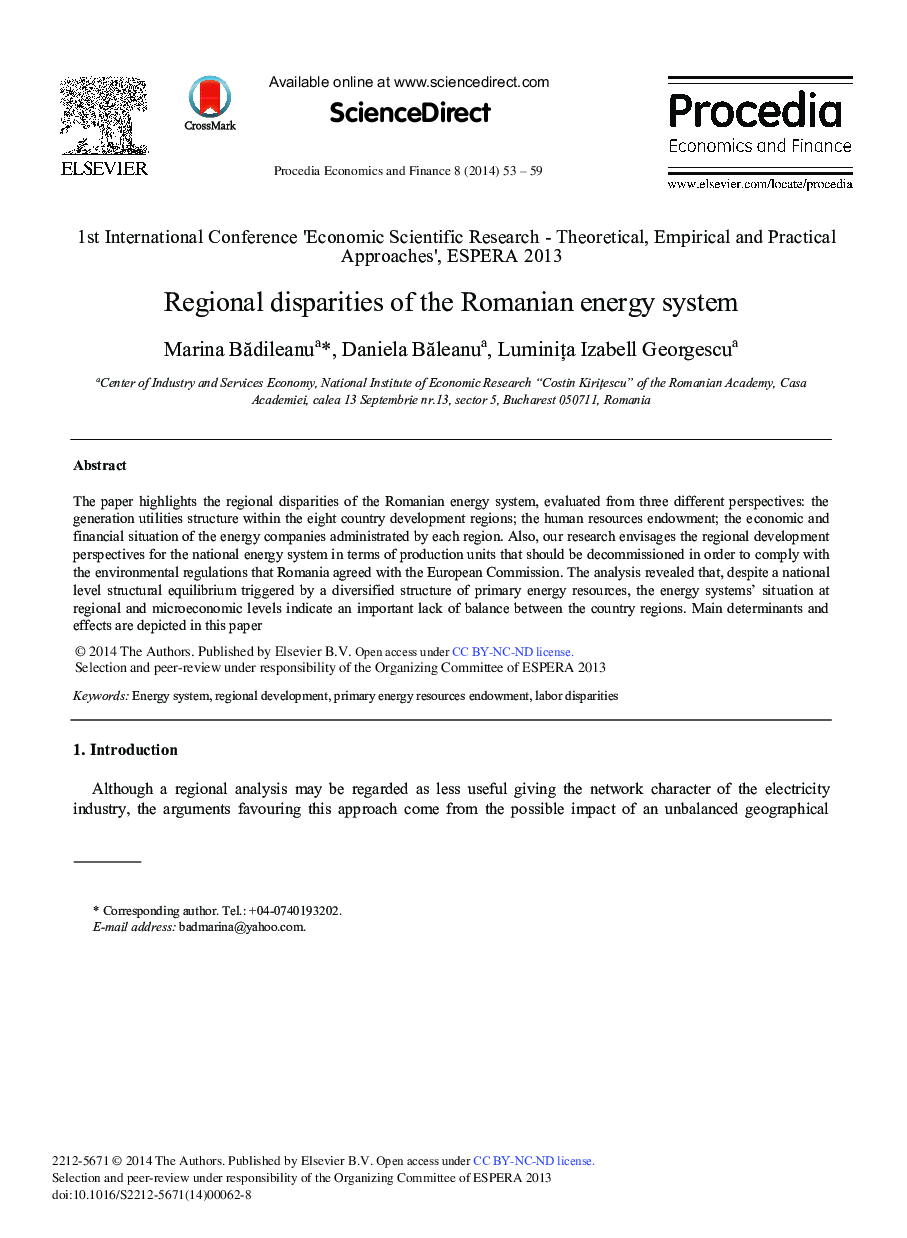 Regional Disparities of the Romanian Energy System 