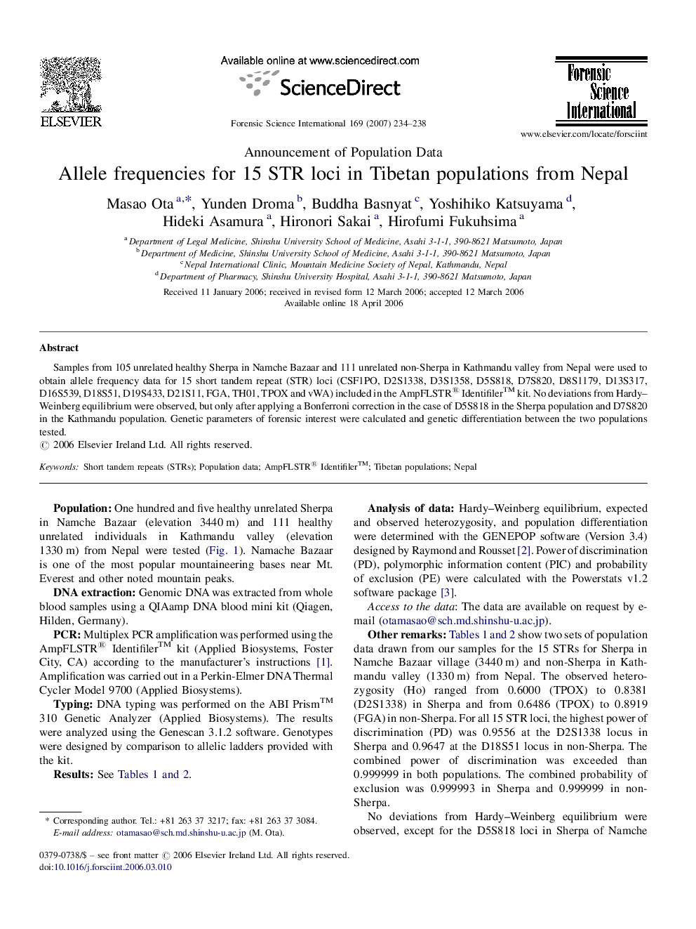 Allele frequencies for 15 STR loci in Tibetan populations from Nepal