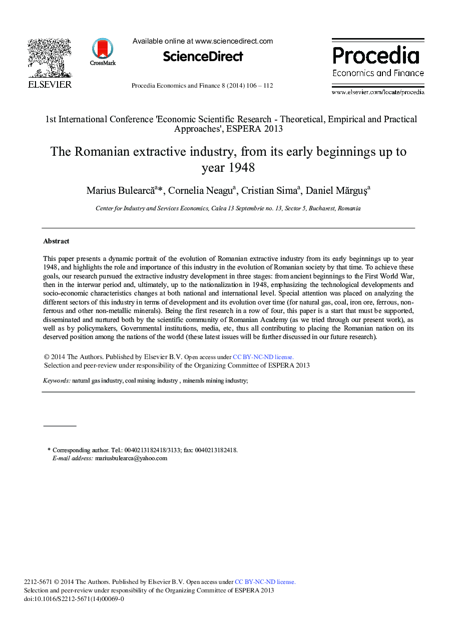 The Romanian Extractive Industry, from its Early Beginnings up to Year 1948 