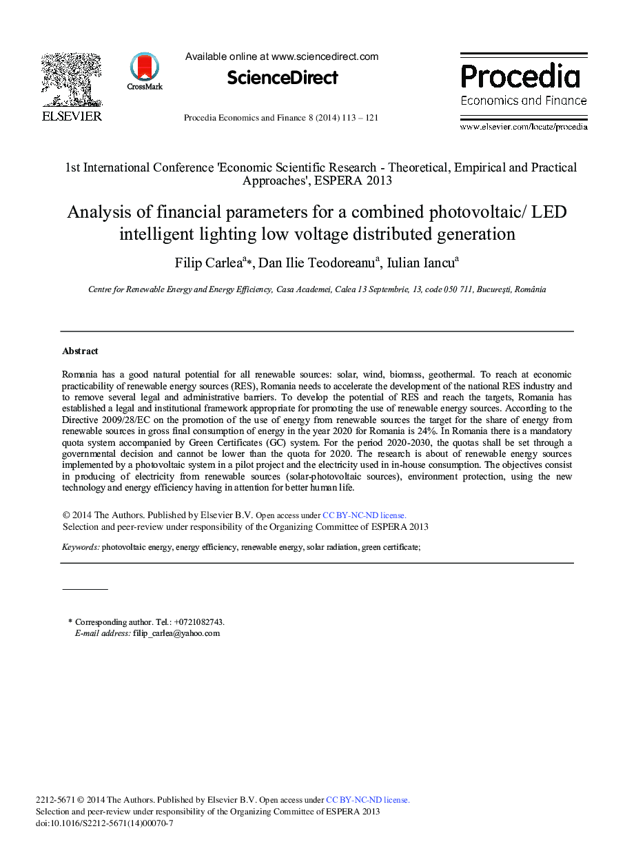 Analysis of Financial Parameters for a Combined Photovoltaic/LED Intelligent Lighting Low Voltage Distributed Generation 