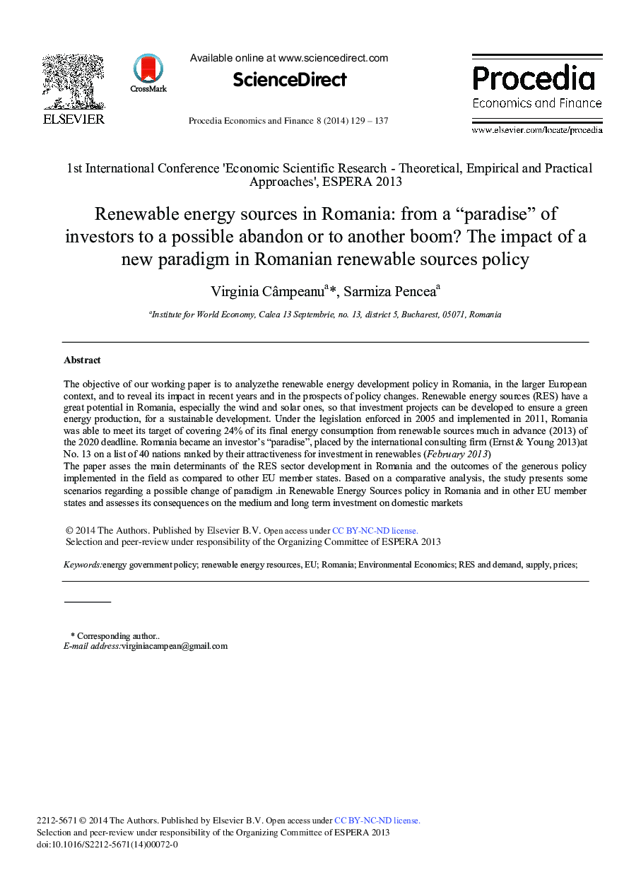 Renewable Energy Sources in Romania: From a “Paradise” of Investors to a Possible Abandon or to Another Boom? The Impact of a New Paradigm in Romanian Renewable Sources Policy 