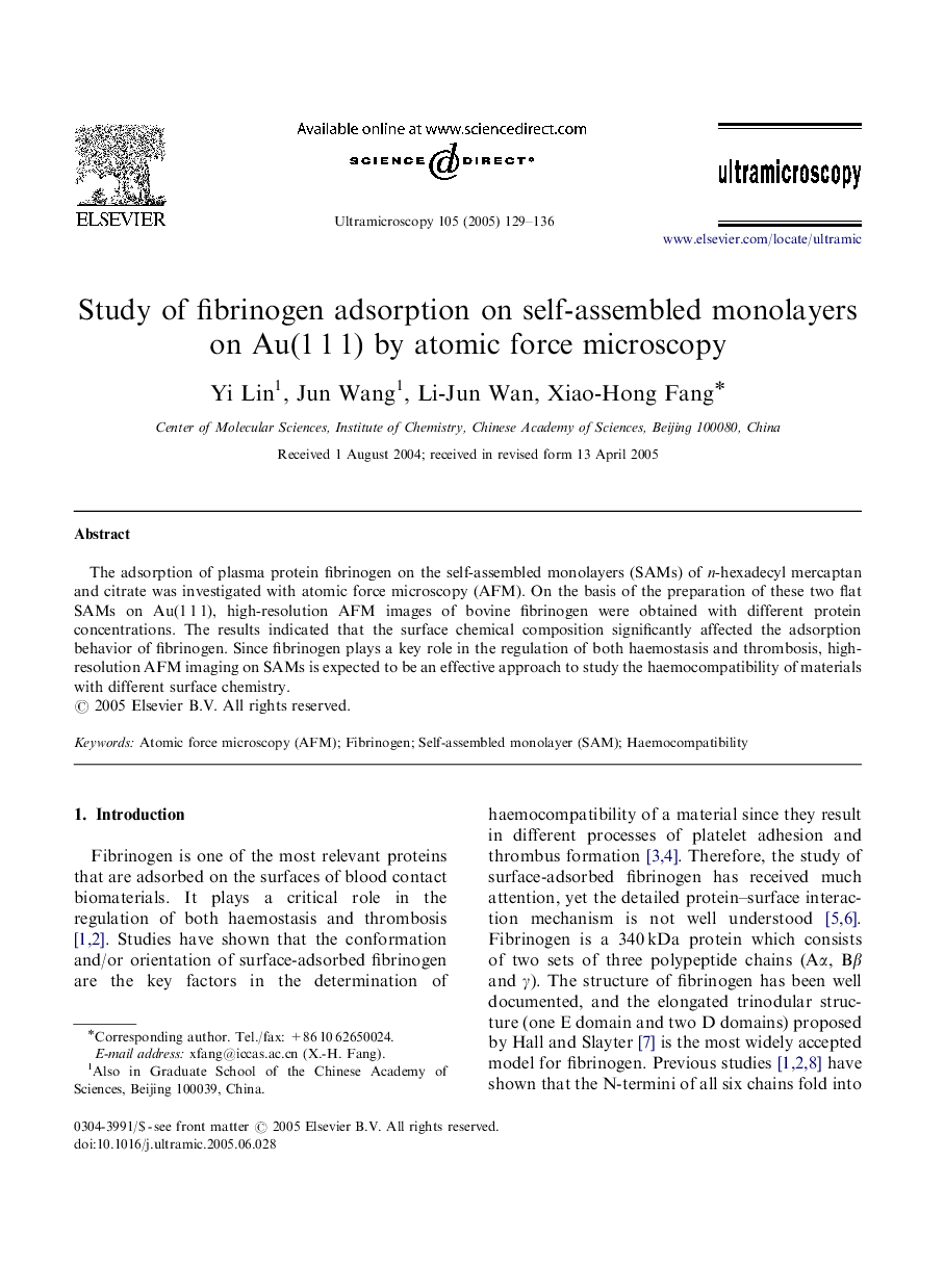Study of fibrinogen adsorption on self-assembled monolayers on Au(1Â 1Â 1) by atomic force microscopy