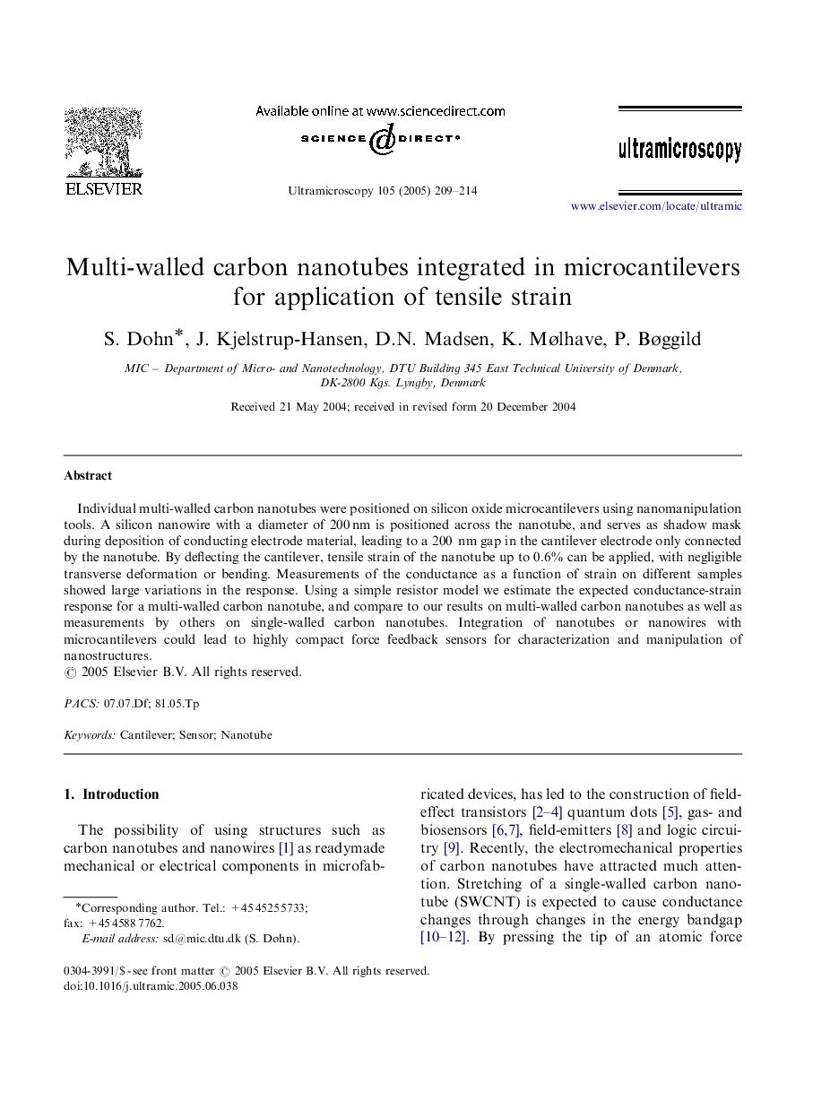 Multi-walled carbon nanotubes integrated in microcantilevers for application of tensile strain