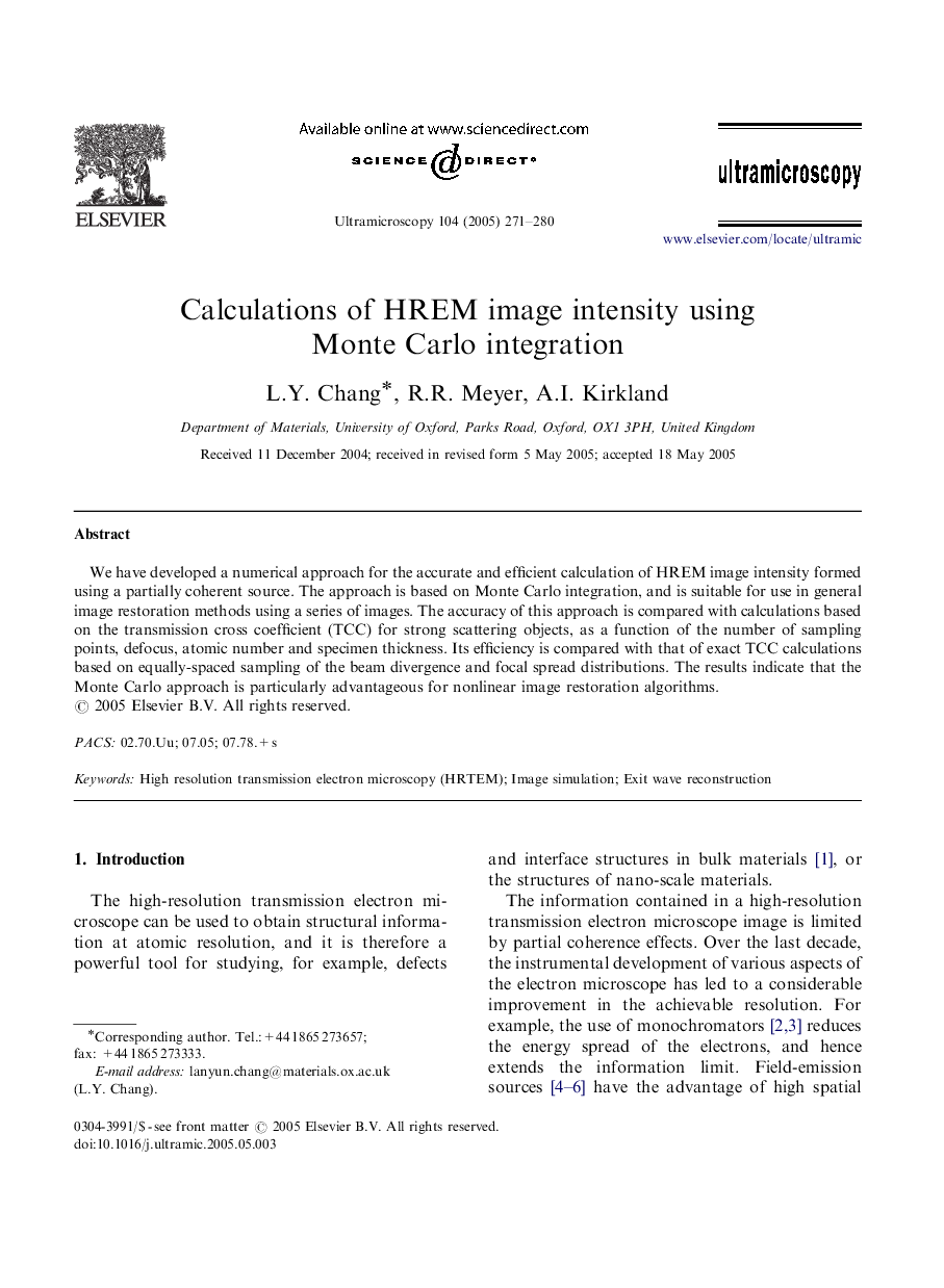 Calculations of HREM image intensity using Monte Carlo integration