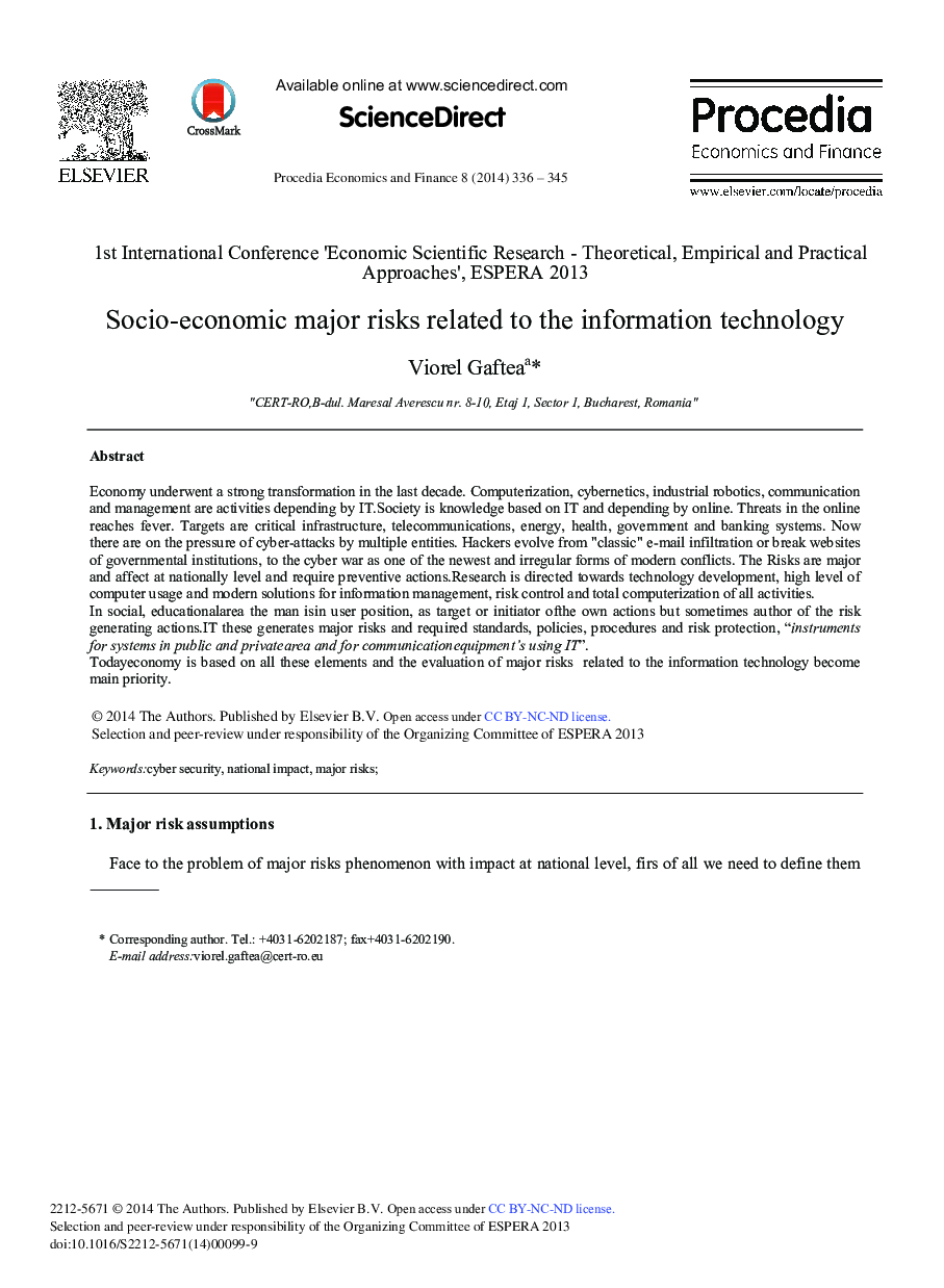 Socio-economic Major Risks Related to the Information Technology 