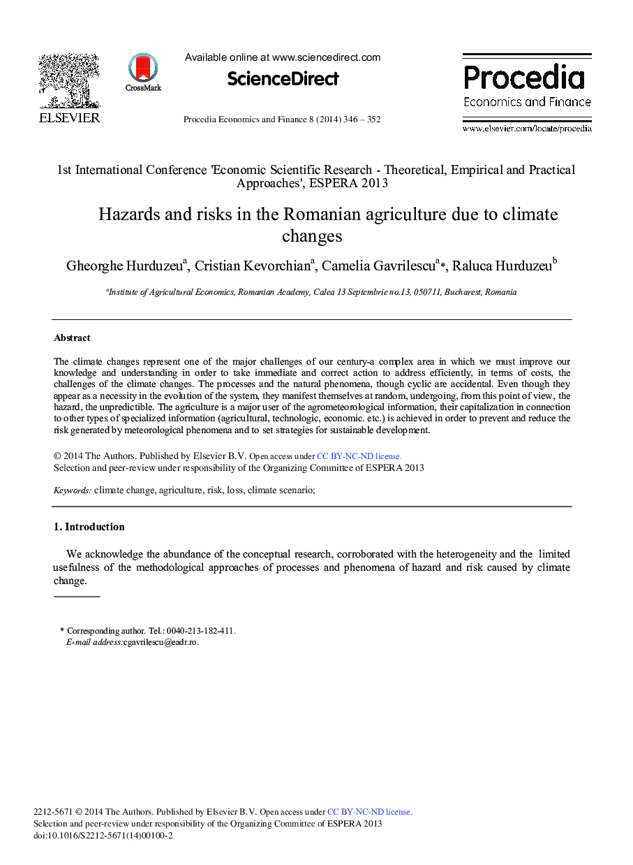 Hazards and Risks in the Romanian Agriculture Due to Climate Changes 