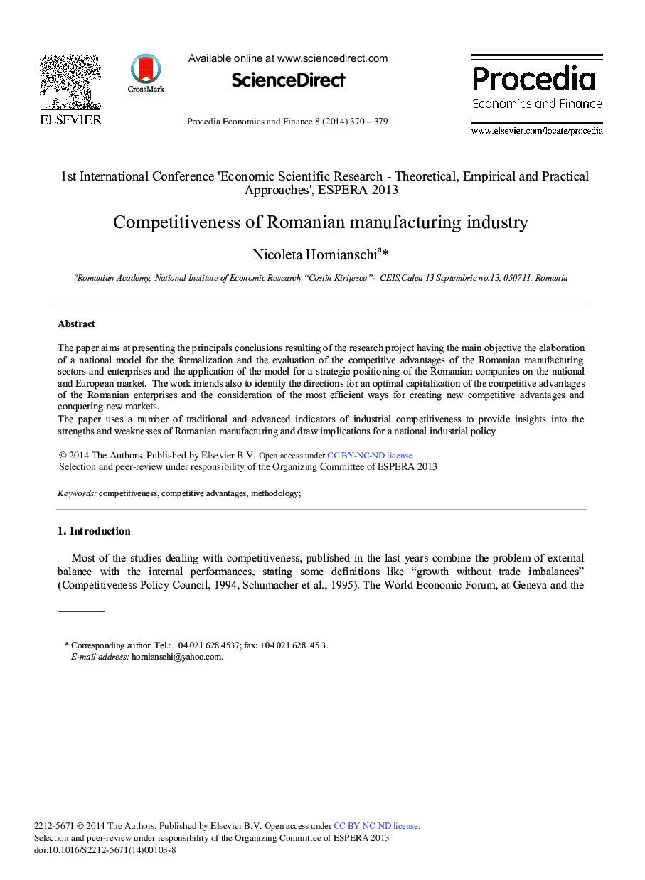 Competitiveness of Romanian Manufacturing Industry 
