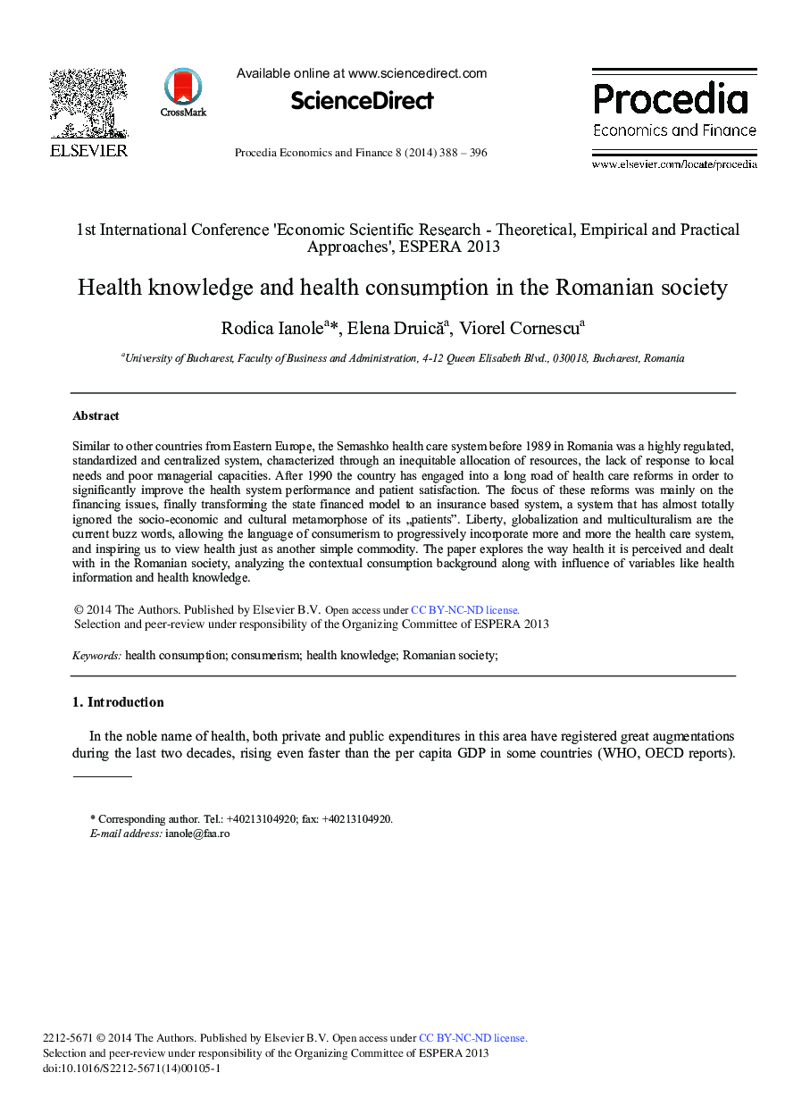 Health Knowledge and Health Consumption in the Romanian Society 