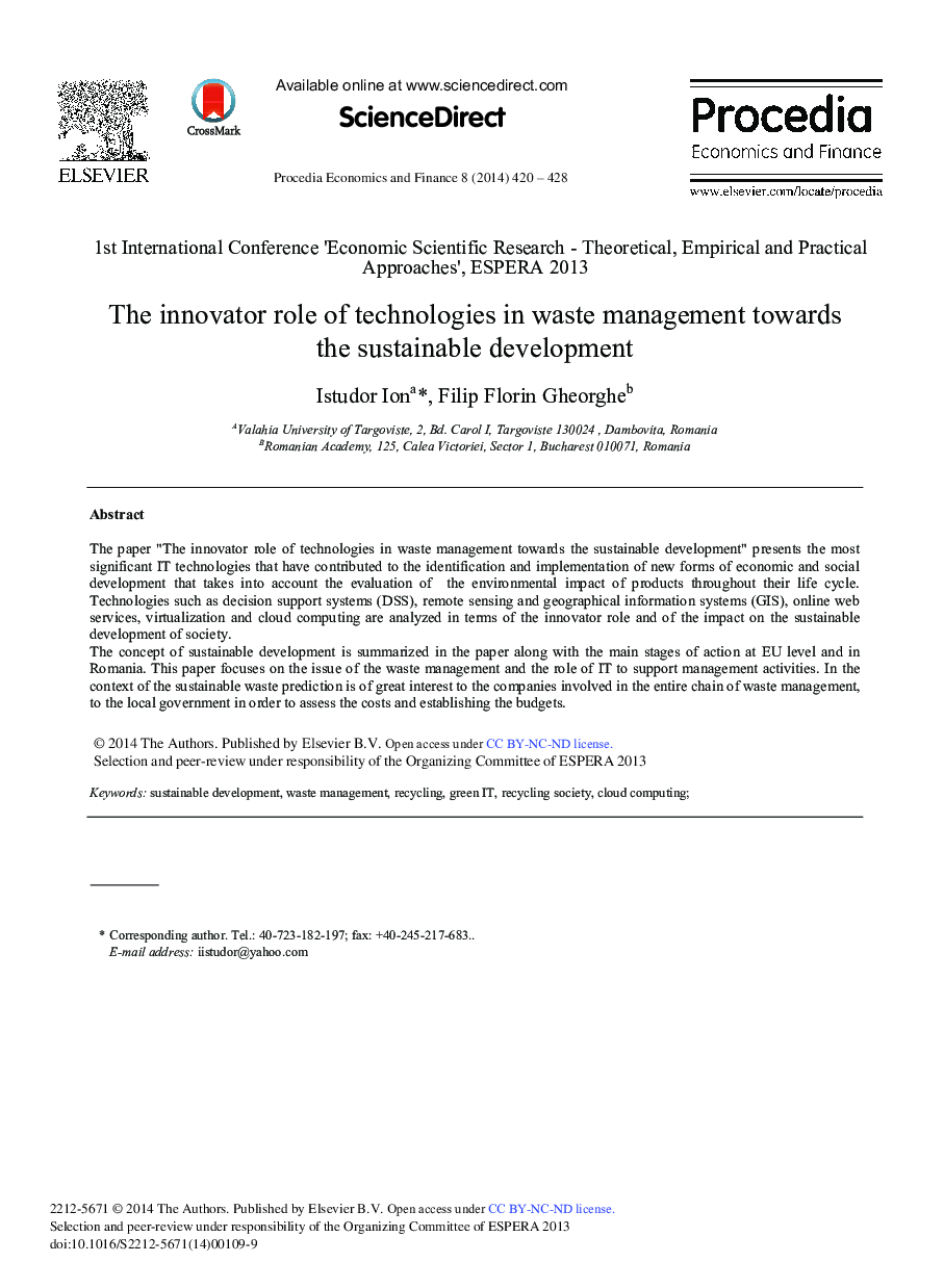 The Innovator Role of Technologies in Waste Management towards the Sustainable Development 