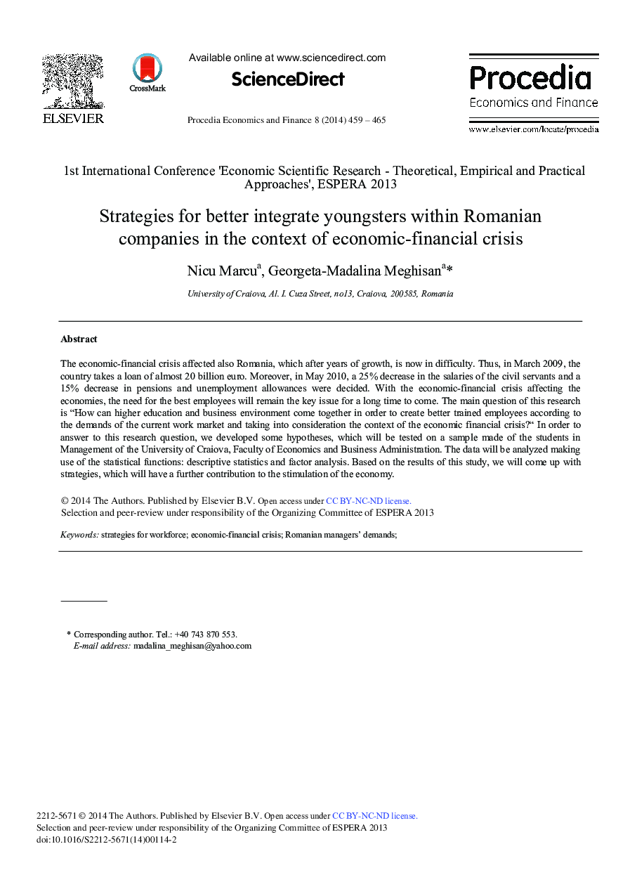 Strategies for Better Integrate Youngsters within Romanian Companies in the Context of Economic-financial Crisis 