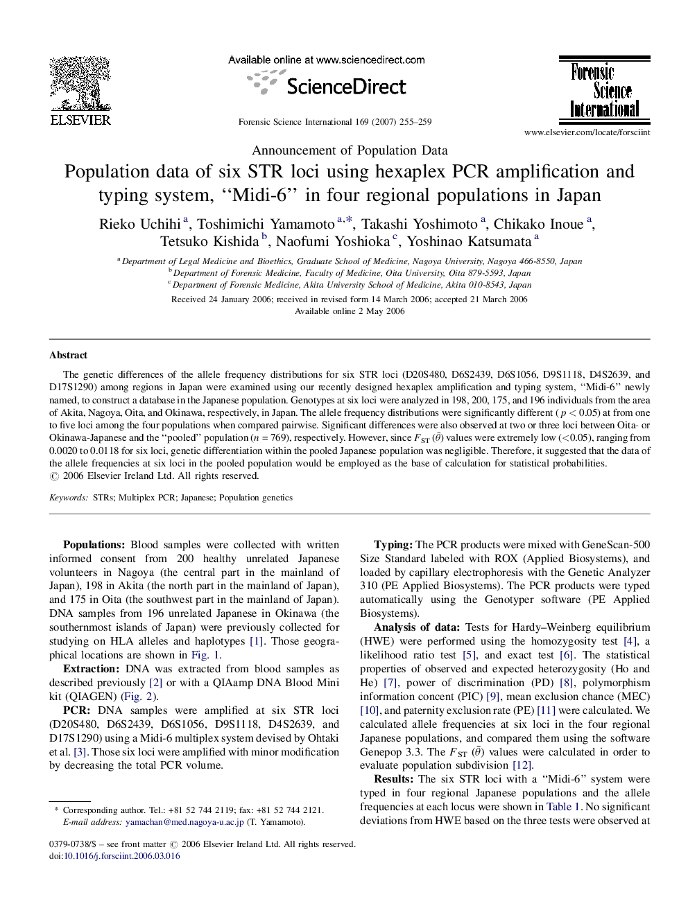 Population data of six STR loci using hexaplex PCR amplification and typing system, “Midi-6” in four regional populations in Japan