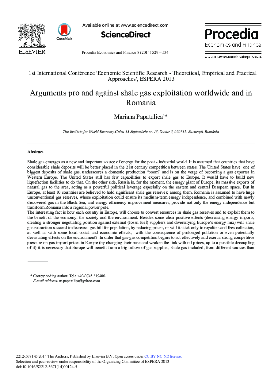 Arguments Pro and Against Shale Gas Exploitation Worldwide and in Romania 