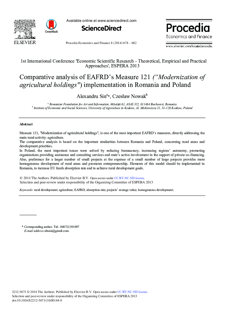 Comparative Analysis of EAFRD's Measure 121 (“Modernization of agricultural holdings”) Implementation in Romania and Poland 