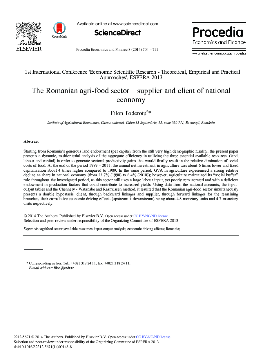 The Romanian Agri-food Sector – Supplier and Client of National Economy 