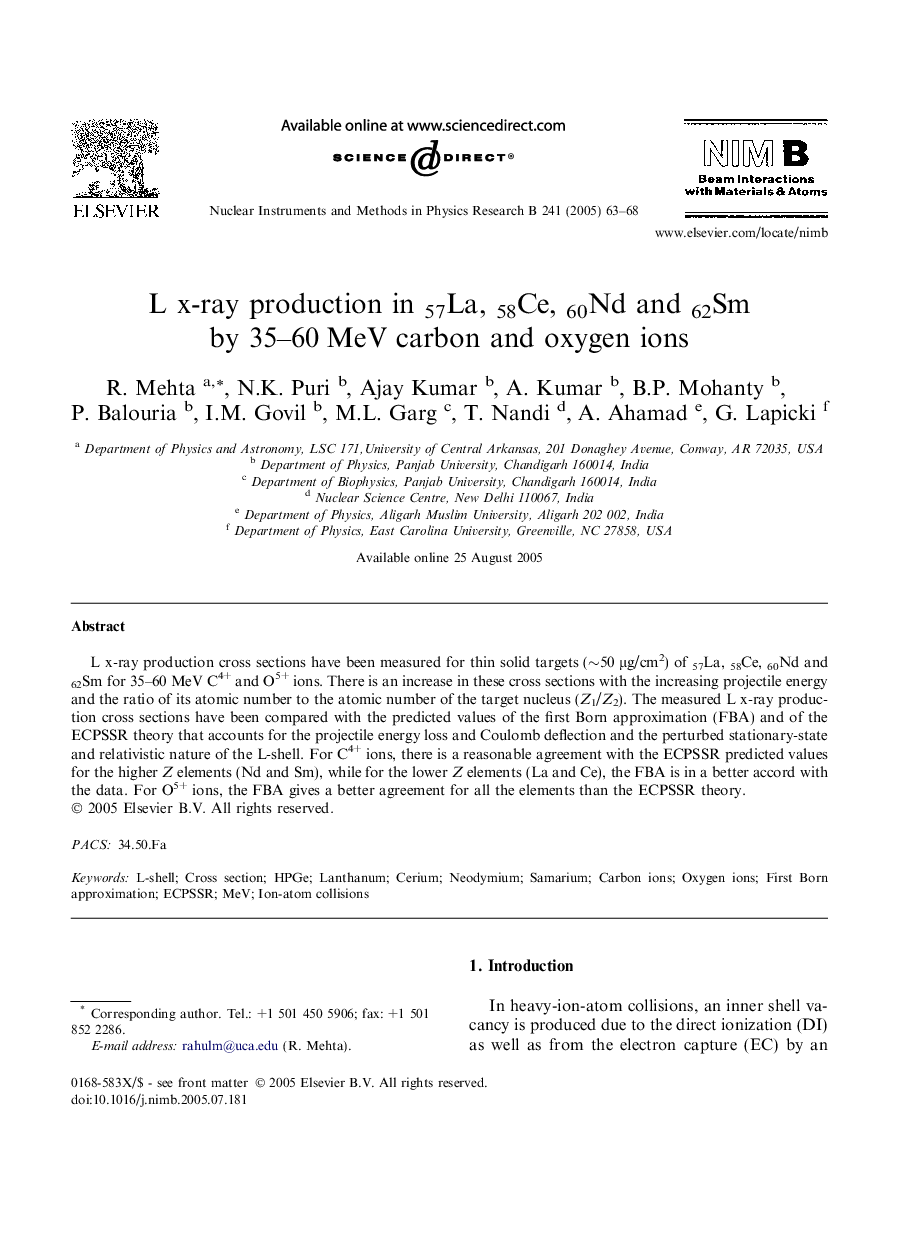 L x-ray production in 57La, 58Ce, 60Nd and 62Sm by 35-60Â MeV carbon and oxygen ions